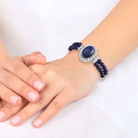 NIB Lapis Lazuli Stone Double Strand Bracelet, Silver - Picture 4 of 8